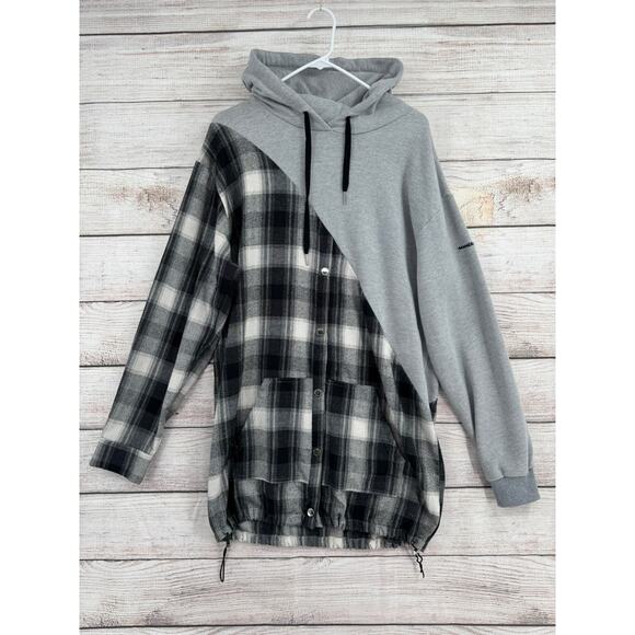 Maniere De Voir Split Flannel Fleece Hoodie Womens 8 Gray Black White Drawstring - Picture 1 of 12